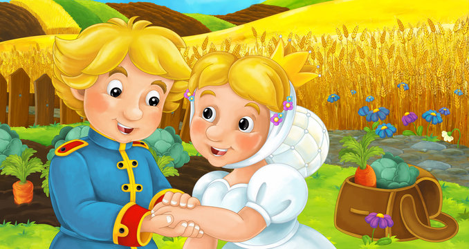 Cartoon happy farm scene with married couple with castle in the background - illustration for children
