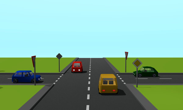 Straßenkreuzung mit den Schildern Vorfahrtsstraße und Vorfahrt gewähren