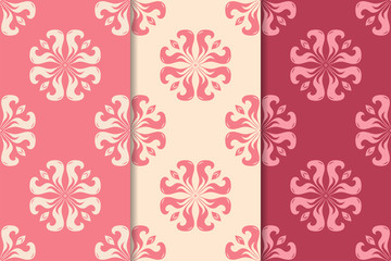 Cherry red floral ornaments. Set of vertical seamless patterns