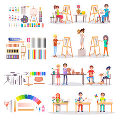 Art School Students and Supplies for Creating Set