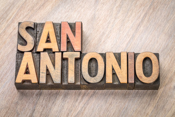 San Antonio word abstract in letterpress wood type