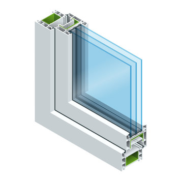 Isometric Cross-section diagram of a triple glazed window pane PVC profile laminated wood grain, classic white. Flat illustration of Cross-section diagram of glazed windows