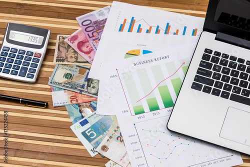 Dollar Franc Euro Yuan And Yen With Calculator Laptop Dollar Franc Euro Yuan And Yen With Calculator Laptop Businesss Graph