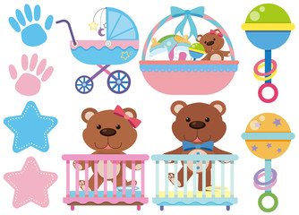 Baby toys and accessories on white background