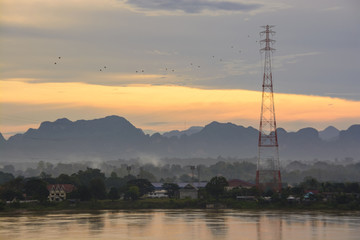 Fototapeta na wymiar Morning sunrise with Mekong river at Nakhon Phanom,Thailand and Kam Maun Laos