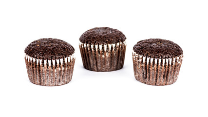 Chocolate muffins on white background