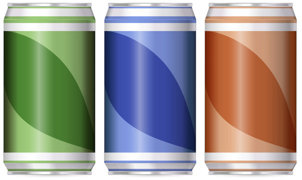 Three aluminum cans with different color of labels