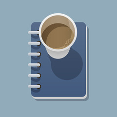 Disposable coffee cup and notepad is on a flat surface and casts a shadow on it. View from above. Vector illustration in a trendy flat style