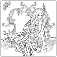 Young beautiful girl with long hair with arrow and roses. Stock 