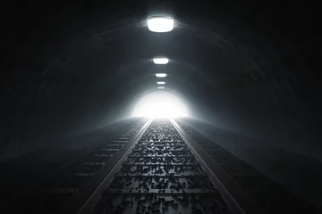 Fotobehang Tunnel Donkere tunnel van trein met sporen en licht aan het eind van de tunnel. 3D-rendering