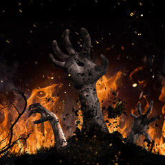 Scary Halloween background with zombie hands.