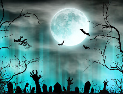 Spooky Halloween background with zombie hands.