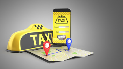 Ordering a taxi cab online internet service transportation concept navigation pin pointer with checker pattern and yellow taxi and phone 3d render on grey