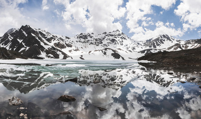 Lake Syltrankel in the Elbrus region, Russia. Panoramic winter mountain landscape, snow peaks and frozen lake, beautiful reflection in the water