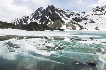 Lake Syltrankel in the Elbrus region, Russia. Panoramic winter mountain landscape, snow peaks and frozen lake, beautiful reflection in the water