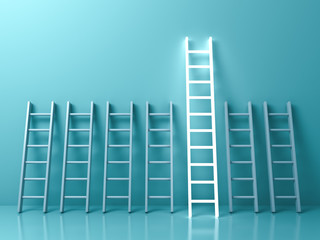 Stand out from the crowd and different creative idea concepts , The longest light ladder glowing among other short ladders on light green pastel color background with shadows . 3D rendering. © masterzphotofo