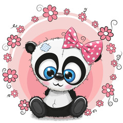 Greeting card Panda girl with flowers