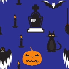 Seamless Halloween holiday pattern, (coffin, candle, pumpkin,ghost,) dark blue.