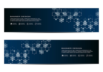 Abstract banner design, dna molecule structure background. Geometric graphics and connected lines with dots. Scientific and technological concept, vector illustration.