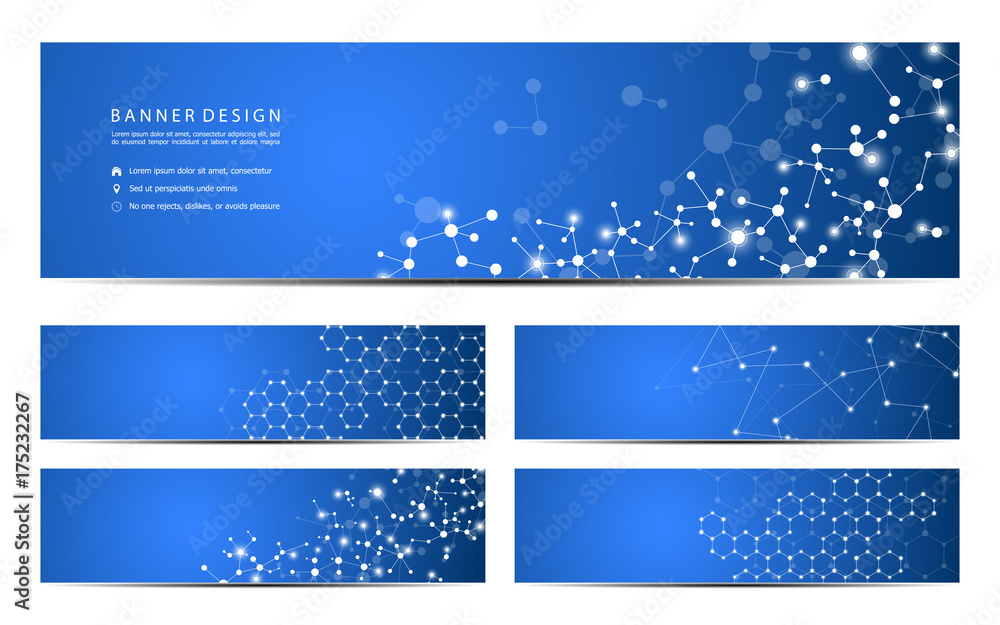 Poster set of abstract banner design, dna molecule structure background. geometric graphics and connected l