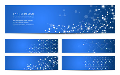 Set of abstract banner design, dna molecule structure background. Geometric graphics and connected lines with dots. Scientific and technological concept, vector illustration.