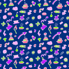 Abstract seamless pattern with many items. Background with different objects.
