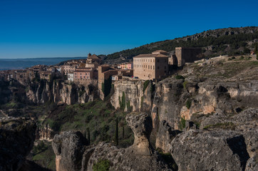 Fototapeta na wymiar View to Cuenca old town. Outstanding example of a medieval city, built on the steep sides of a mountain. Cuenca, Spain