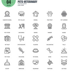 Simple Set of Pets and Veterinary Related Vector Line Icons. Contains such Icons as Hamster Wheel, Pet Food, Cat Face, Birdcage, Aquarium and more. Editable Stroke. 48x48 Pixel Perfect.