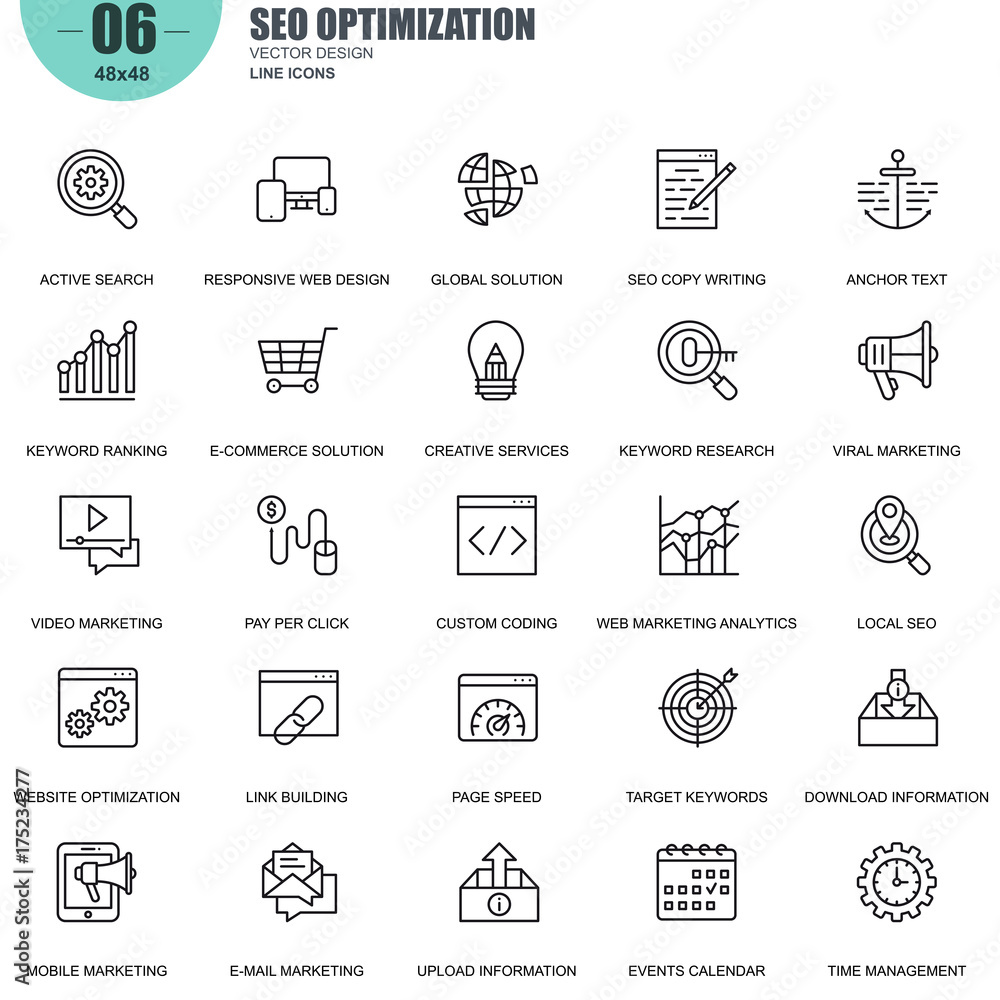 Leinwandbilder simple set of seo optimization related vector line icons. contains such icons as active search, vide
