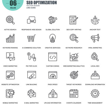 Simple Set of SEO Optimization Related Vector Line Icons. Contains such Icons as Active Search, Video Marketing, Creative Services, Page Speed and more. Editable Stroke. 48x48 Pixel Perfect.