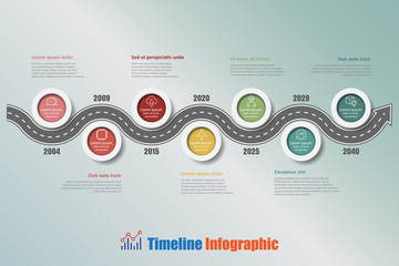 Road map business timeline infographic with 7 steps circle designed for background elements diagram planning process web pages workflow digital technology data presentation chart. Vector illustration