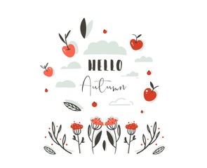 Hand drawn vector abstract greeting cartoon autumn graphic decoration header with set of berries,leaves,branches,apple harvest and modern typography phase Hello Autumn isolated on white background