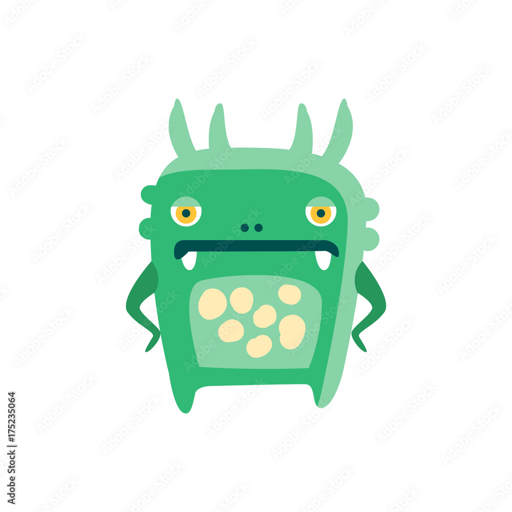 Sticker Funny green cartoon monster, fabulous incredible creature, cute alien vector Illustration