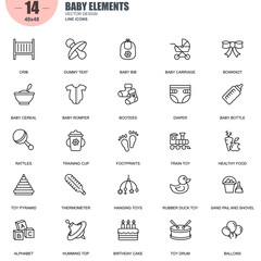 Simple Set of Baby Elements Related Vector Line Icons. Contains such Icons as Crib, Dummy Teat, Diaper, Rattles, Rubber Duck Toy, Footprints and more. Editable Stroke. 48x48 Pixel Perfect.