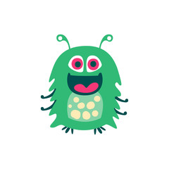 Cute smiling green cartoon monster, fabulous incredible creature, funny alien vector Illustration