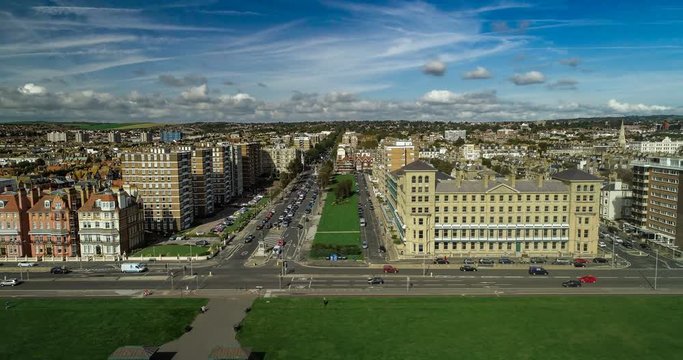 Aerial time lapse view of the regency seafront in Brighton and Hove, Southern England (hyperlapse)