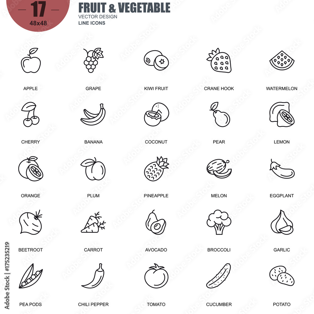 Poster simple set of fruit and vegetable related vector line icons. contains such icons as apple, banana, c