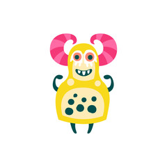 Funny yellow cartoon monster with pink horns, fabulous incredible creature, cute alien vector Illustration