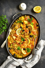 Fish solyanka - traditional dish of russian cuisine.Top view.