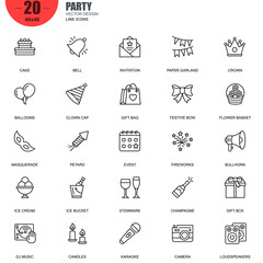 Simple Set of Party Related Vector Line Icons. Contains such Icons as Cake, Bell, Fireworks, Dj Music, Champagne, Gift Bag, Masquerade, Bullhorn and more. Editable Stroke. 48x48 Pixel Perfect.