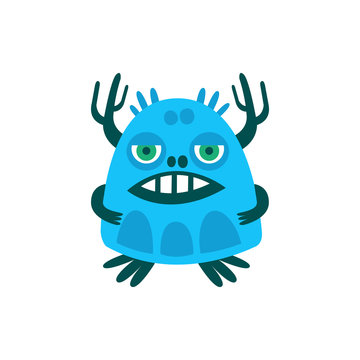 Funny blue cartoon monster, fabulous incredible creature, cute alien vector Illustration