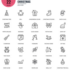 Simple Set of Christmas Related Vector Line Icons. Contains such Icons as Tree, Bell, Santa Claus, Snow Globe, Ball, Snowflake, Fireworks and more. Editable Stroke. 48x48 Pixel Perfect.