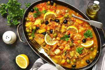Fish solyanka - traditional dish of russian cuisine.Top view.
