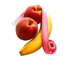 Fresh banana and peaches isolated on white background under pruning, vegetarian healthy eating