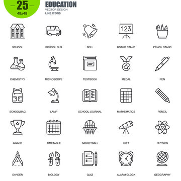 Simple Set of Education Related Vector Line Icons. Contains such Icons as School, Schoolbag, Pencil Stand, Microscope, Alarm Clock and more. Editable Stroke. 48x48 Pixel Perfect.