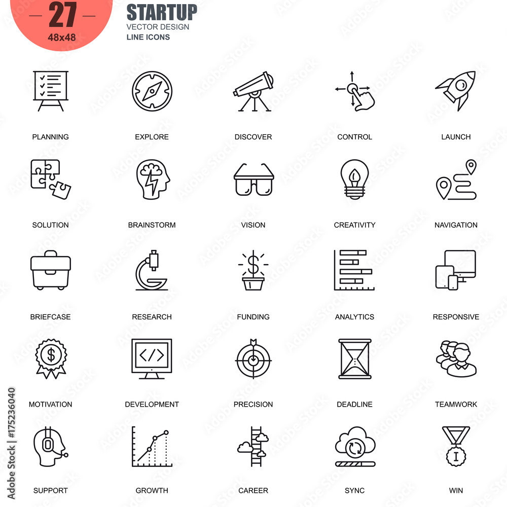 Poster simple set of startup related vector line icons. contains such icons as planning, navigation, analyt
