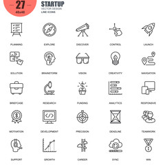Simple Set of Startup Related Vector Line Icons. Contains such Icons as Planning, Navigation, Analytics, Funding, Teamwork, Research Market and more. Editable Stroke. 48x48 Pixel Perfect.