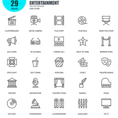 Simple Set of Entertainment Related Vector Line Icons. Contains such Icons as Clapperboard, Film Strip, Barrier Rope, Theatre, 3d Glasses and more. Editable Stroke. 48x48 Pixel Perfect. - obrazy, fototapety, plakaty