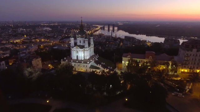 St. Andrew's Church (Kiev) Ukraine. Aerial photography of the church on the hem. Cityscape from a height. City panorama of Kiev. Andreevsky spusk city Kyiv.