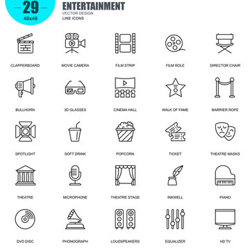 Simple Set of Entertainment Related Vector Line Icons. Contains such Icons as Clapperboard, Film Strip, Barrier Rope, Theatre, 3d Glasses and more. Editable Stroke. 48x48 Pixel Perfect.